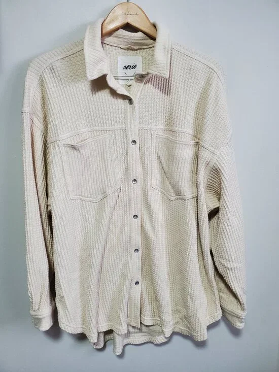 AERIE LumberJane Waffle Shirt Oversized Boxy Button Front Cream Women's Large - Picture 2 of 11